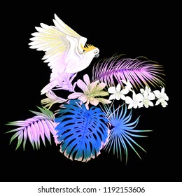 A composition of tropical plants, palm leaves, monsters and white orchids with cockatoo parrot In botanical style Colored vector illustration in neon, fluorescent colors. Isolated on black background.