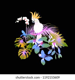 A composition of tropical plants, palm leaves, monsters and white orchids with cockatoo parrot In botanical style Colored vector illustration in neon, fluorescent colors. Isolated on black background.