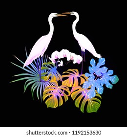 A composition of tropical plants, palm leaves, monsters and white orchids with white heron   In botanical style Colored vector illustration in neon, fluorescent colors. Isolated on black background.