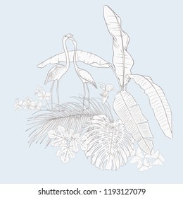 A composition of tropical plants, palm leaves, monsters and white orchids with flamingo In botanical style/ Outline hand drawing vector illustration.  In vintage blue and beige colors.