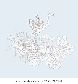 A composition of tropical plants, palm leaves, monsters and white orchids with flamingo In botanical style/ Outline hand drawing vector illustration.  In vintage blue and beige colors.