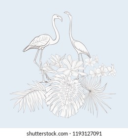 A composition of tropical plants, palm leaves, monsters and white orchids with flamingo In botanical style/ Outline hand drawing vector illustration.  In vintage blue and beige colors.