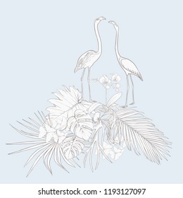 A composition of tropical plants, palm leaves, monsters and white orchids with flamingo In botanical style/ Outline hand drawing vector illustration.  In vintage blue and beige colors.