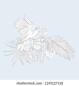 A composition of tropical plants, palm leaves, monsters and white orchids with cockatoo parrot In botanical style. Outline hand drawing vector illustration.  In vintage blue and beige colors.