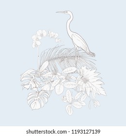 A composition of tropical plants, palm leaves, monsters and white orchids with white heron In botanical style. Outline hand drawing vector illustration.  In vintage blue and beige colors.