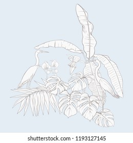 A composition of tropical plants, palm leaves, monsters and white orchids with white heron In botanical style. Outline hand drawing vector illustration.  In vintage blue and beige colors.