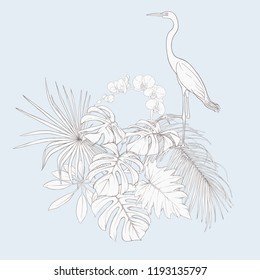 A composition of tropical plants, palm leaves, monsters and white orchids with white heron In botanical style. Outline hand drawing vector illustration.  In vintage blue and beige colors.