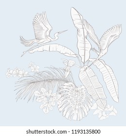 A composition of tropical plants, palm leaves, monsters and white orchids with white heron In botanical style. Outline hand drawing vector illustration.  In vintage blue and beige colors.