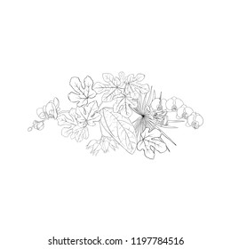 A composition of tropical plants, palm leaves, monsters and white orchids In botanical style. Outline hand drawing vector illustration. Isolated on white background.