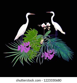 A composition of tropical plants, palm leaves, monsters and white orchids with white heron  In botanical style Colored vector illustration in neon, fluorescent colors. Isolated on black background.