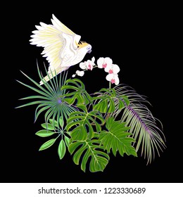 A composition of tropical plants, palm leaves, monsters and white orchids with cockatoo parrot In botanical style Colored vector illustration in neon, fluorescent colors. Isolated on black background.