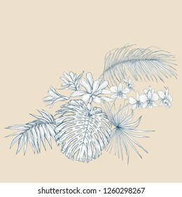 A composition of tropical plants, palm leaves, monsters and white orchids In botanical style. Graphic drawing, engraving style. vector illustration.  In vintage blue and beige colors.