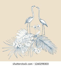 A composition of tropical plants, palm leaves, monsters and white orchids with flamingo In botanical style. Graphic drawing, engraving style. vector illustration.  In vintage blue and beige colors.