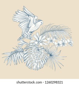 A composition of tropical plants, palm leaves, monsters and white orchids with cockatoo parrot In botanical style. Graphic drawing, engraving style. vector illustration.  In blue and beige colors.