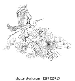 A composition of tropical plants, palm leaves, monsters and white orchids with white heron In botanical style. Graphic drawing, engraving style. vector illustration.  Black and white graphics. 