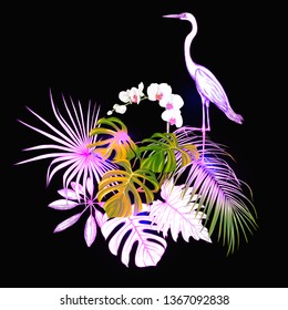 A composition of tropical plants, palm leaves, monsters and white orchids with  heron In botanical style Colored vector illustration in neon colors. Colored and outline design. On black background.