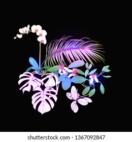 A composition of tropical plants, palm leaves, monsters and white orchids In botanical style Colored vector illustration in neon, fluorescent colors. Colored and outline design. On black background.