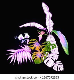 A composition of tropical plants, palm leaves, monsters and white orchids In botanical style Colored vector illustration in neon, fluorescent colors. Colored and outline design. On black background.