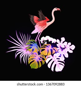 A composition of tropical plants, palm leaves, monsters and white orchids with flamingo In botanical style Colored vector illustration in neon, fluorescent colors. Colored and outline design.