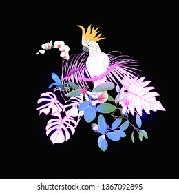 A composition of tropical plants, palm leaves, monsters and white orchids with cockatoo parrot In botanical style Colored vector illustration in neon, fluorescent colors. Colored and outline design. 