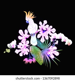 A composition of tropical plants, palm leaves, monsters and white orchids with cockatoo parrot In botanical style Colored vector illustration in neon, fluorescent colors. Colored and outline design. 