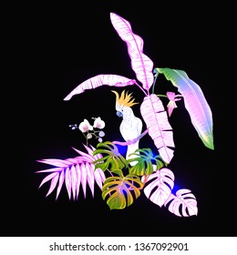 A composition of tropical plants, palm leaves, monsters and white orchids with cockatoo parrot In botanical style Colored vector illustration in neon, fluorescent colors. Colored and outline design. 