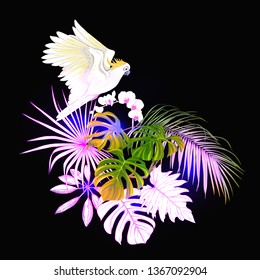 A composition of tropical plants, palm leaves, monsters and white orchids with cockatoo parrot In botanical style Colored vector illustration in neon, fluorescent colors. Colored and outline design. 