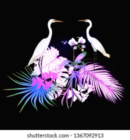 A composition of tropical plants, palm leaves, monsters and white orchids with  heron In botanical style Colored vector illustration in neon colors. Colored and outline design. On black background.