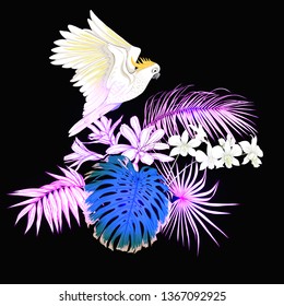 A composition of tropical plants, palm leaves, monsters and white orchids with cockatoo parrot In botanical style Colored vector illustration in neon, fluorescent colors. Colored and outline design. 