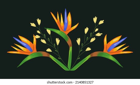 Composition of tropical yellow flowers and strelitzia on a black background. Vector illustration