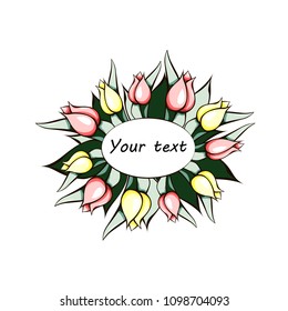 Composition of tulips for a greeting postcard, a poster, a signboard, a banner. There is room for text. Vector.