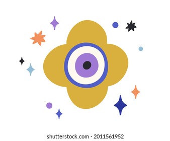 Composición del mal ojo turco con estrellas alrededor. El globo ocular esotérico mágico en forma de doodle. Símbolo espiritual místico con la observación del alumno. Ilustración vectorial plana aislada en fondo blanco