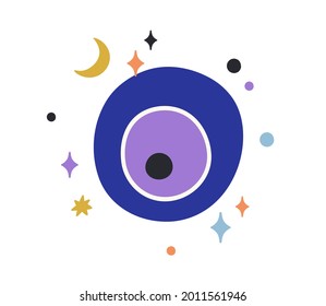 Composition of Turkish god eye looking down from heavens. Magic esoteric evil eyeball in sky watching and observing. Mystical spiritual holy symbol. Flat vector doodle illustration isolated on white