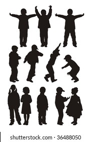 Composition from twelve children's silhouettes. Nine silhouettes of boys and three silhouettes of girls. They are located on a white background.