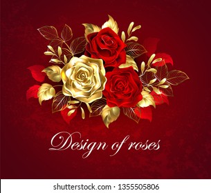 The composition of two artistically painted red roses and one golden rose, decorated with gold, jewel leaves on textured background.