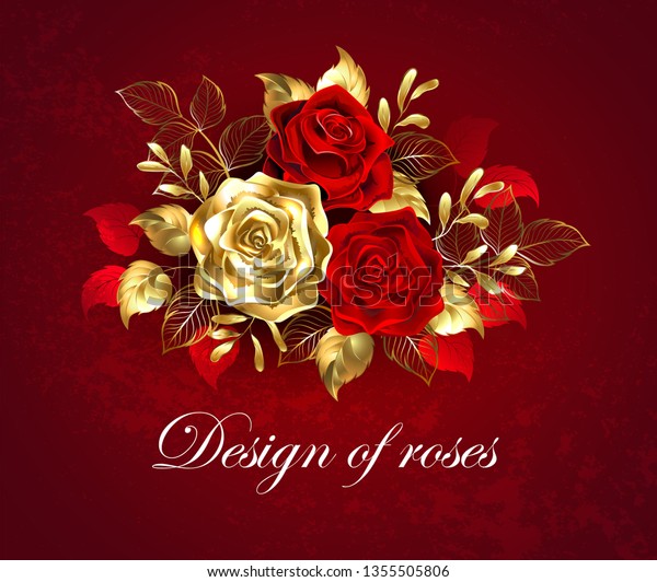 テクスチャーのある背景に金 宝石の葉で飾られた2本の芸術的に塗られた赤いバラと1本の金色のバラの組成 のベクター画像素材 ロイヤリティフリー