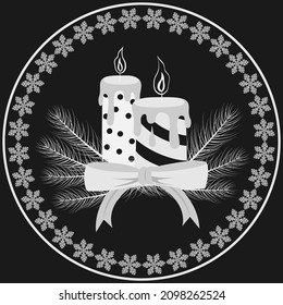 Composition of two burning candles, a bow and fir branches on a dark background. Frame of white snowflakes. Stamp concept. Vector illustration