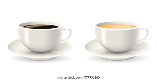 Composition of two coffee cups on saucers. Elements isolated on the white background. Americano, latte or cappuccino coffee.