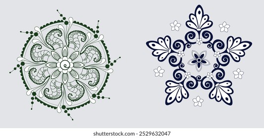Zusammensetzung von zwei Blumenmandalas in Grün- und Blautönen. Organischer Stil mit Pflanzenmotiven.