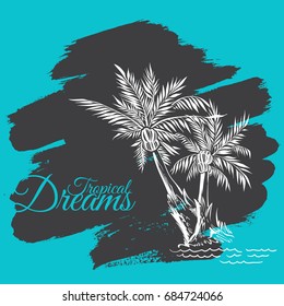 Composition of Two Hand drawn Palm Trees on Cyan Grunge Background
