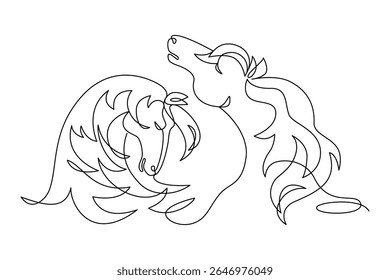 Composition with two horses heads drawn in continuous line in minimalism, abstract, logo, tattoo, symbol of year, one line, editable vector contour