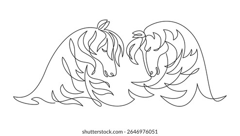 Composition with two horses heads drawn in continuous line in minimalism, abstract, logo, tattoo, symbol of year, one line, editable vector contour