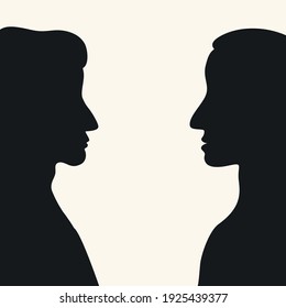 Composition, two male profiles face profile, style of minimalism, hand drawn. Black and white color. Packaging, wallpaper, poster, room interior decor, postcard, concept, clipart, vector