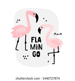 Composition with two pink flamingos and text. Elegant wild birds vector isolated clipart. Tropical vector hand drawn poster.