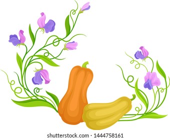 Composition of two pumpkins, leaves, stems and flowers. Vector illustration on white background.