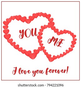 Composition of two red hearts in strips collected in the shape of a heart, greeting card with Valentine's Day.