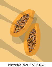 Zusammensetzung von zwei Scheiben Papayafrüchte auf Sand, der von Schatten bedeckt ist. Vektorgrafik