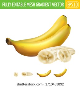 Composition of two whole bananas and a sliced banana.