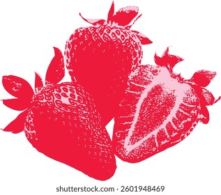 A composition of two whole strawberries and one half, arranged artistically to emphasize the balance between natural texture and digital art.