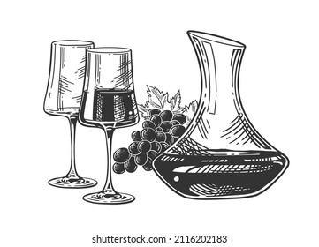 Composition of two wine glass, grape and decanter. Vintage vector engraving illustration for web, poster, invitation to party. Hand drawn design element isolated on white background.